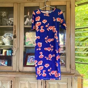 Vibrant blue mid length dress with pink flower designs